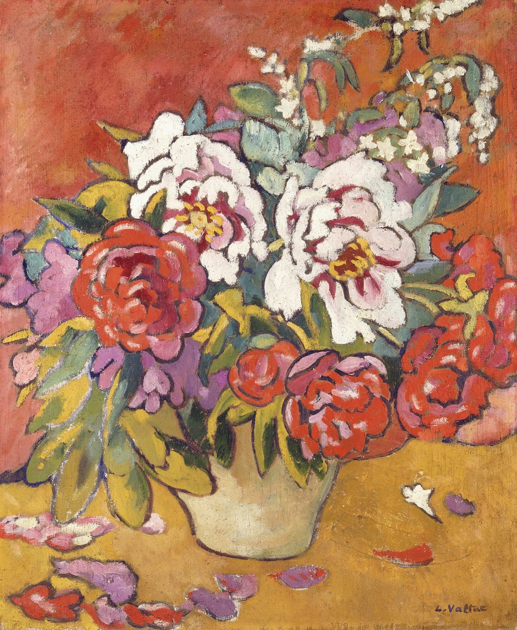 Pionit kannussa punaisella taustalla, n. 1918 (öljy kankaalle) tekijältä Louis Valtat