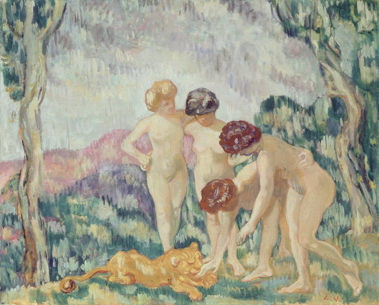 Meninas jovens brincando com um filhote de leão, c.1905-06 (petróleo na tela) finlandês tekijältä Louis Valtat
