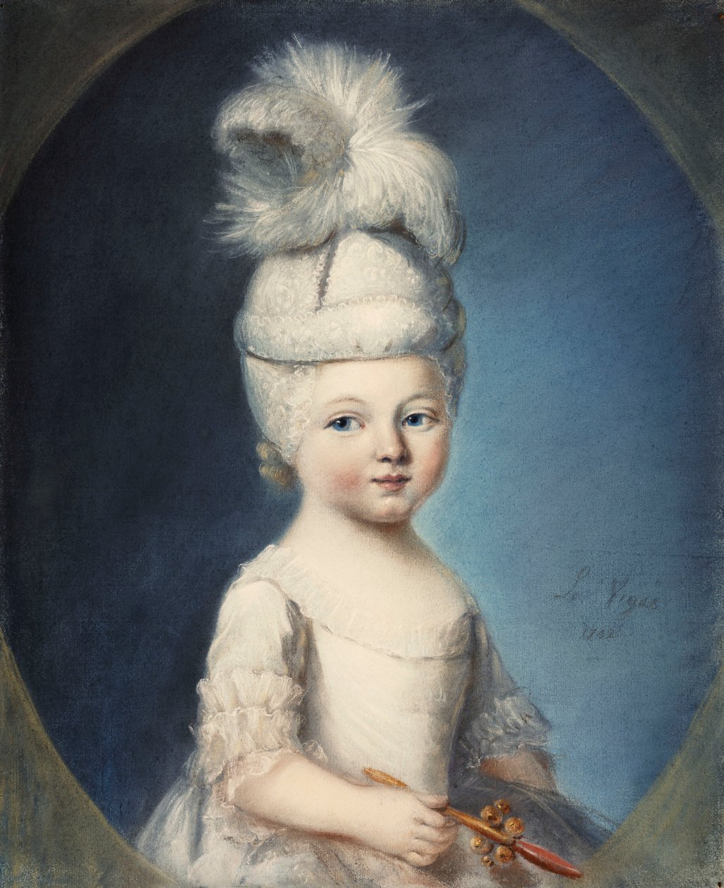 Muotokuva markiisi de Fleurysta pikkulapsena pehmustetussa hatussa, pehmusteella, kädessään kulta- ja korallihammashelintä, 1762 tekijältä Louis Vigee