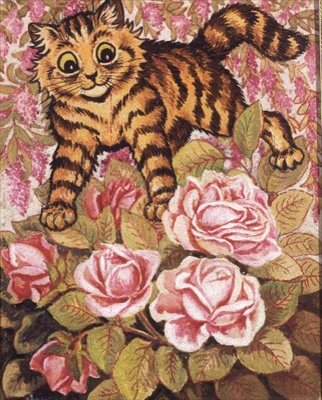 Kissanpentu piiloutumassa ruusupensaan tekijältä Louis Wain