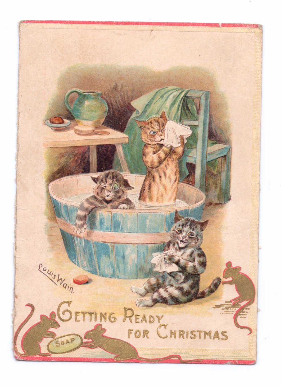 Viktoriaaninen joulukortti, jossa kaksi kissaa on kylpyammeessa kahden hiiren leikkiessä saippuapalalla, noin 1880. tekijältä Louis Wain