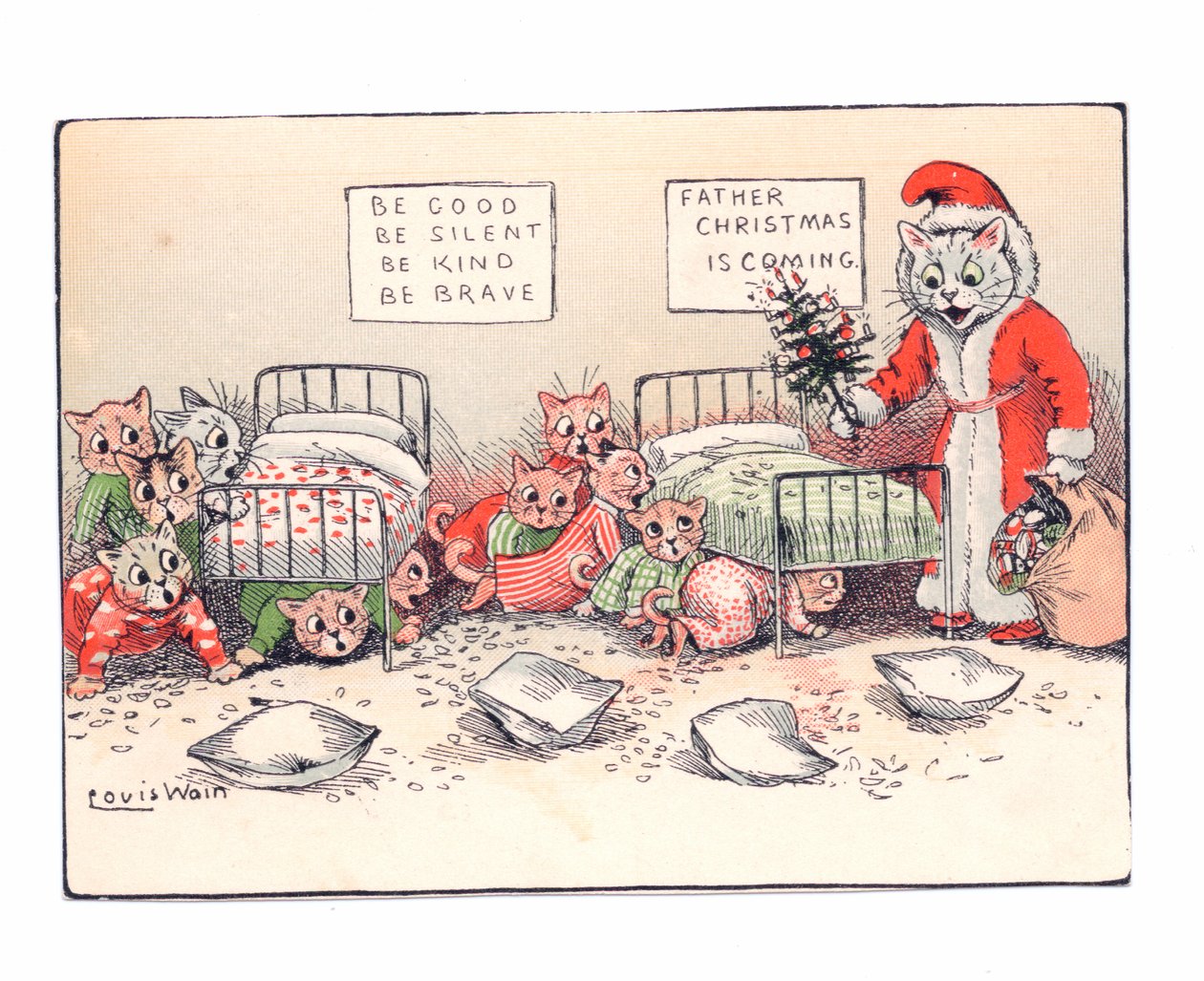 Viktoriaaninen onnittelukortti, jossa kissanpennut kyyristelevät peloissaan joulupukiksi pukeutuneen kissan nähdessään, noin 1880. tekijältä Louis Wain