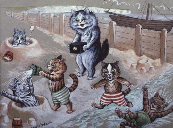 Kissat uimassa meressä tekijältä Louis Wain