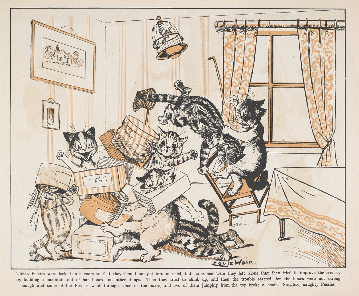 Kissat leikkivät laatikoilla huoneessa. tekijältä Louis Wain