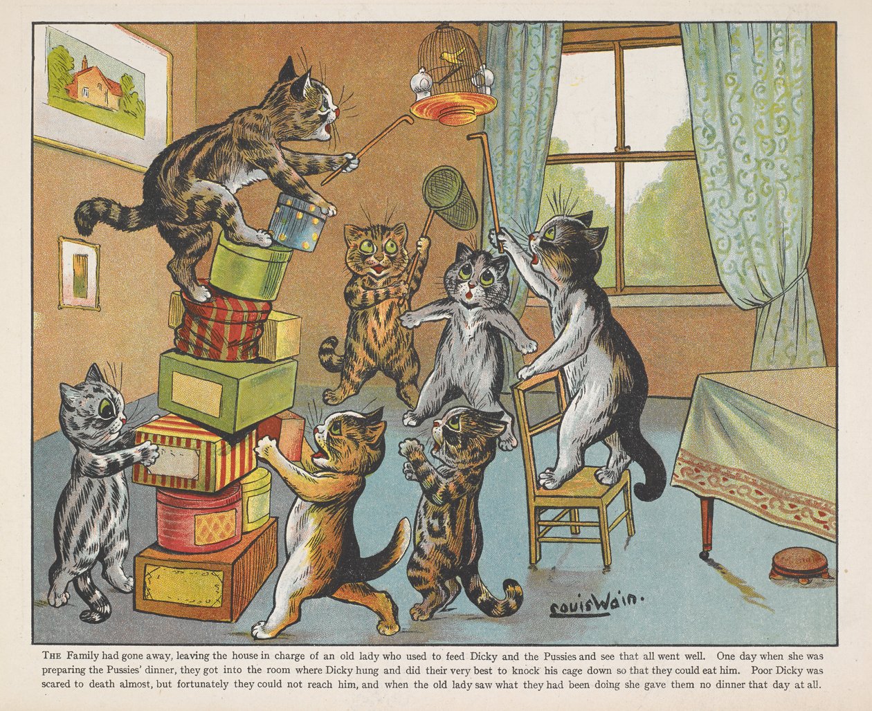 Kissat leikkivät laatikoilla huoneessa. tekijältä Louis Wain