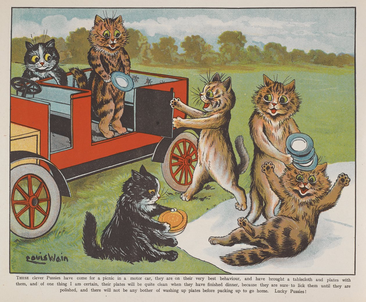 Kissat valmistautuvat piknikille. tekijältä Louis Wain