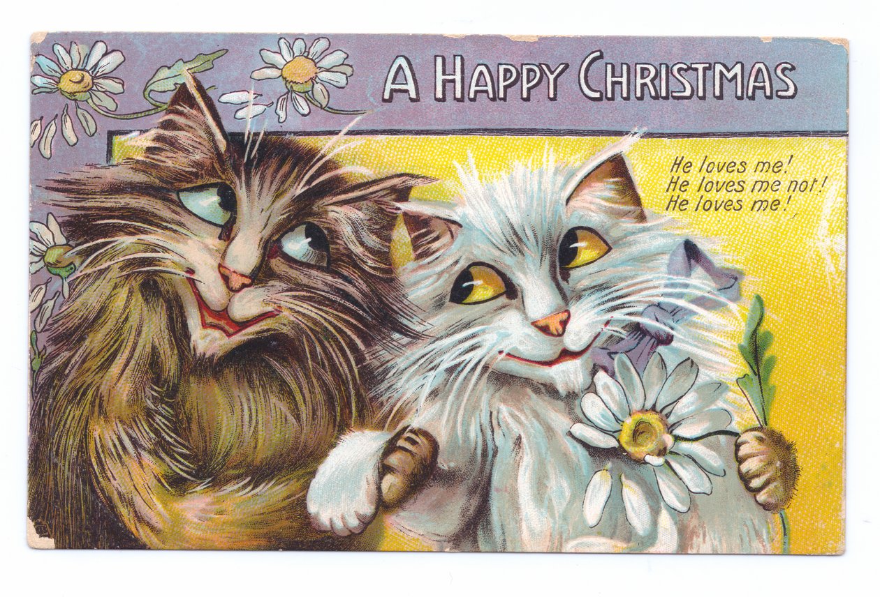Edvardilainen joulupostikortti kahdesta hellästä kissasta, noin 1910. tekijältä Louis Wain