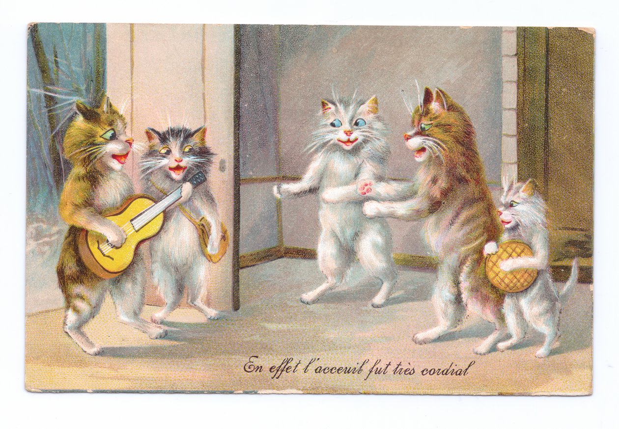 Edvardiaaninen postikortti, jossa kissa soittaa kitaraa kolmen muun kissan ja kissanpennun kanssa, n.1910. tekijältä Louis Wain