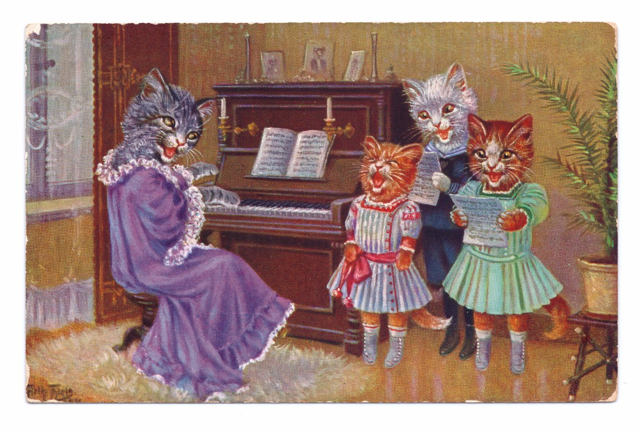 Edvardiaaninen postikortti, jossa on neljä ihmisen vaatteisiin pukeutunutta kissaa pianon ääressä laulamassa, noin 1910. tekijältä Louis Wain