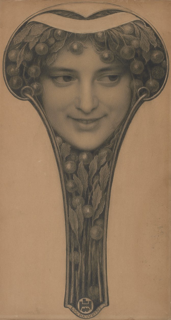 Naamio, noin 1900 (mustaa liitua ja lyijykynää vaaleanruskealle paperille). tekijältä Louis Welden Hawkins
