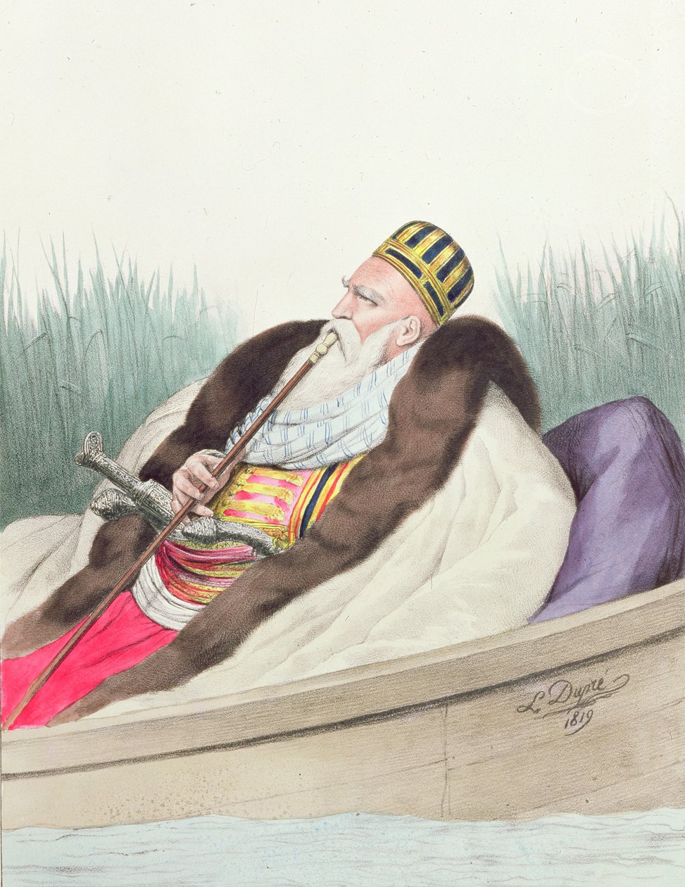 Ali de Tebelen (1741-1822), Janinan pasa, piirretty luonnosta Butrintojärvellä. tekijältä Louis after Dupre