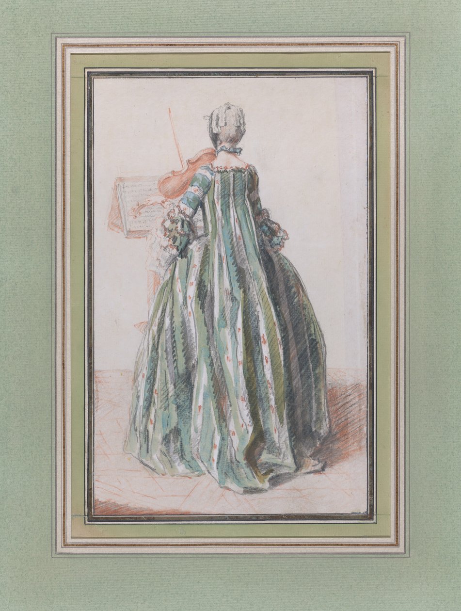 Viulua soittava nainen, takaa katsottuna, n. 1758-59. tekijältä Louis de Carmontelle