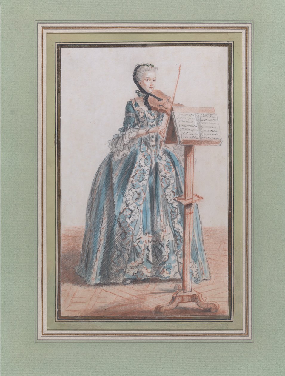 Viulua soittava nainen edestä katsottuna, n. 1758-59. tekijältä Louis de Carmontelle