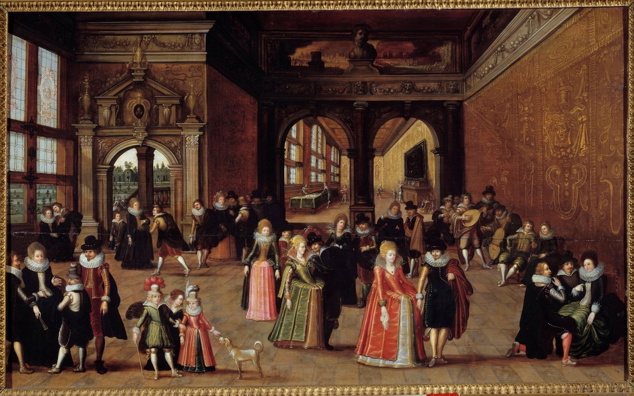 Bal Henri IV:n hovissa. Louis De Cauleryn (tunnetaan Leningradin luonnoskirjan mestarina) maalaus (n. 1580-1621 jälkeen), noin 1610. Öljy puulle. Koko: 0,50 x 0,98 m. Rennes, Kuvataidemuseo tekijältä Louis de Caulery