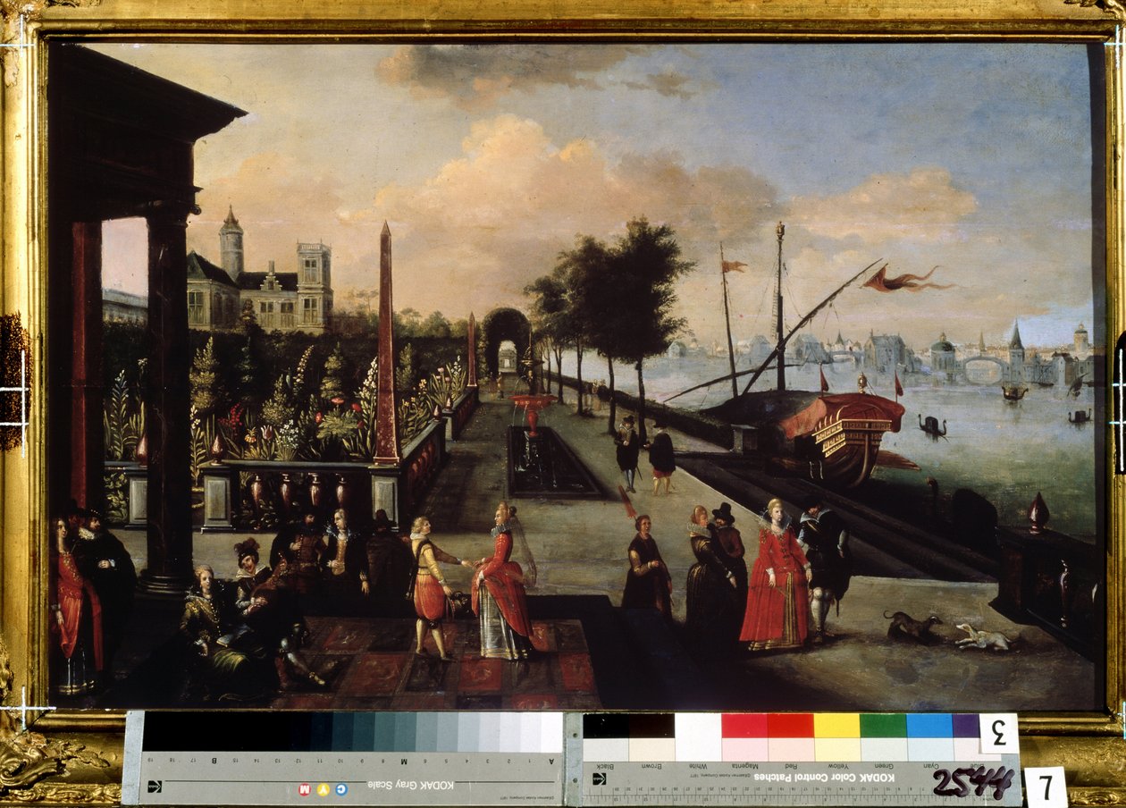 ""Promenade pitkin merenrantaa"" Näkymä kaupunkiin luultavasti Hollannissa. Louis de Caueryn maalaus (tunnetaan Leningradin luonnoskirjan mestarina) (noin 1580-1621 jälkeen). 1600-luvun Radishchev-museo, Saratov, Venäjä tekijältä Louis de Caulery