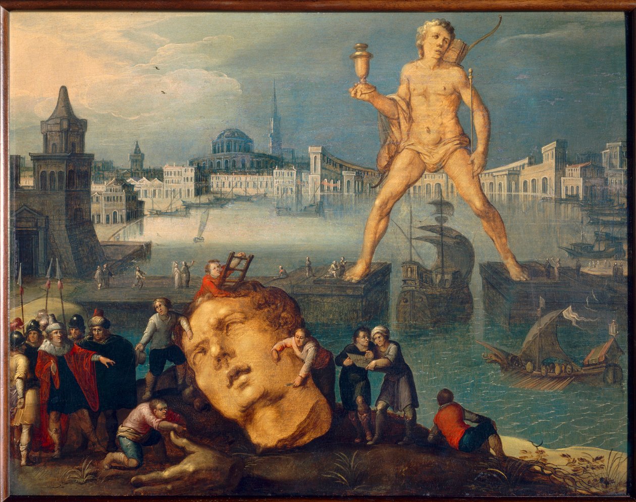 Seitsemän maailman ihmettä: "" Rodoksen kolossi" (Colosso di Rodi) Louis de Caulleryn (tunnetaan Leningradin luonnoskirjan mestarina) maalaus (noin 1580 - 1621 jälkeen) 1600-luvun su. 0,35x0,46 m tekijältä Louis de Caulery