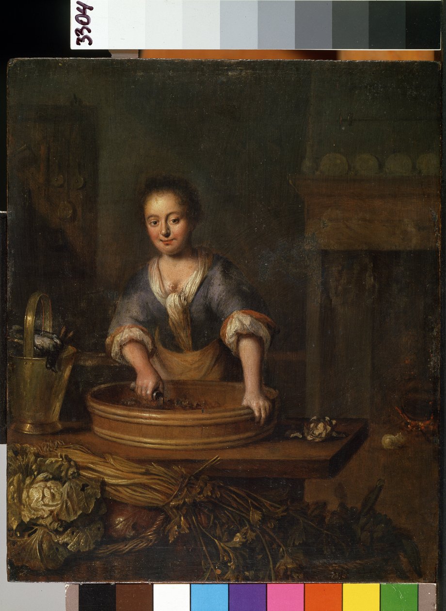 ""Kokki"" (Kokki) Nuori kokki maalaiskeittiössä valmistamassa kaalia. Louis de Monin (1698-1771) maalaus Mikalojus Konstantinas Ciurlionisin taidemuseo, Kaunas, Liettua tekijältä Louis de Moni