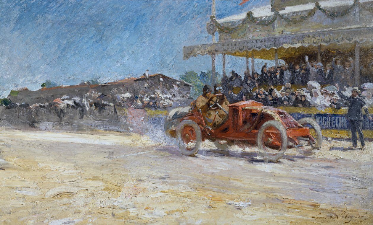 Automobile Club de Francen ensimmäinen Grand Prix vuonna 1906, voittajan saapuminen, Compiegne, Ranska, Louis-Marie de Schryverin (1862-1942) maalaus tekijältä Louis de Schryver