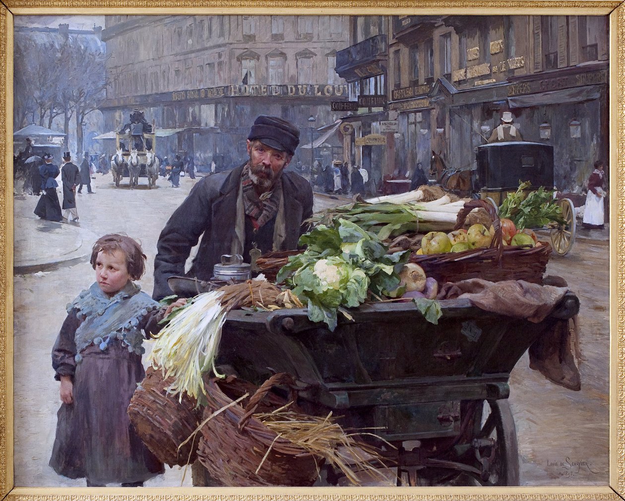 Neljän vuodenajan kauppias Pariisissa. Hänen takanaan Hotel du Louvre (1. kaupunginosa) Louis Marie de Schryverin (1862-1942) maalaus, öljy kankaalle tekijältä Louis de Schryver