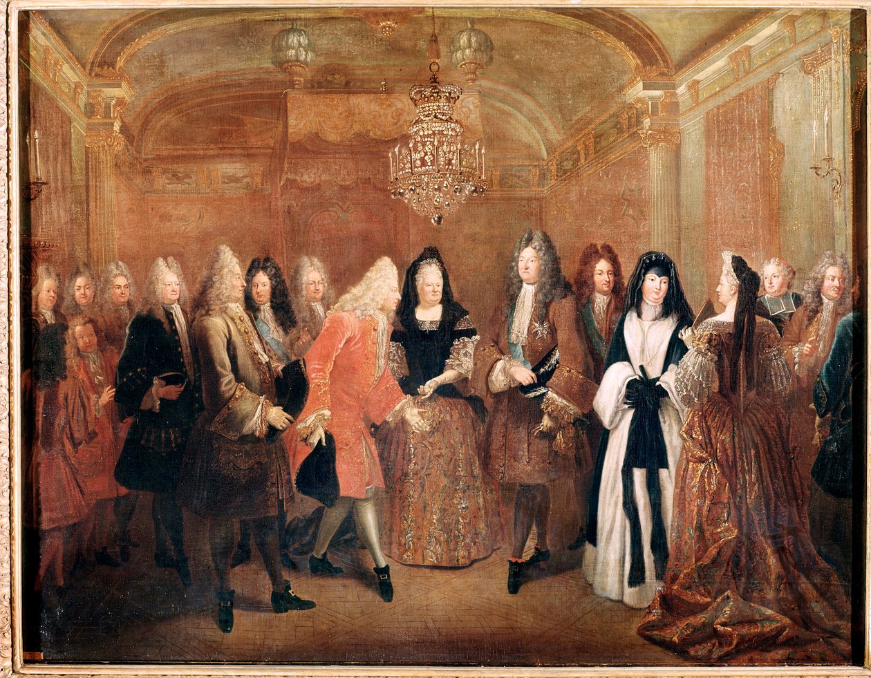 Ranskan kuningas Ludvig XIV vastaanottaa prinssi Frederick Augustus I:n Fontainebleaun linnassa (maalaus tekijältä Louis de Silvestre