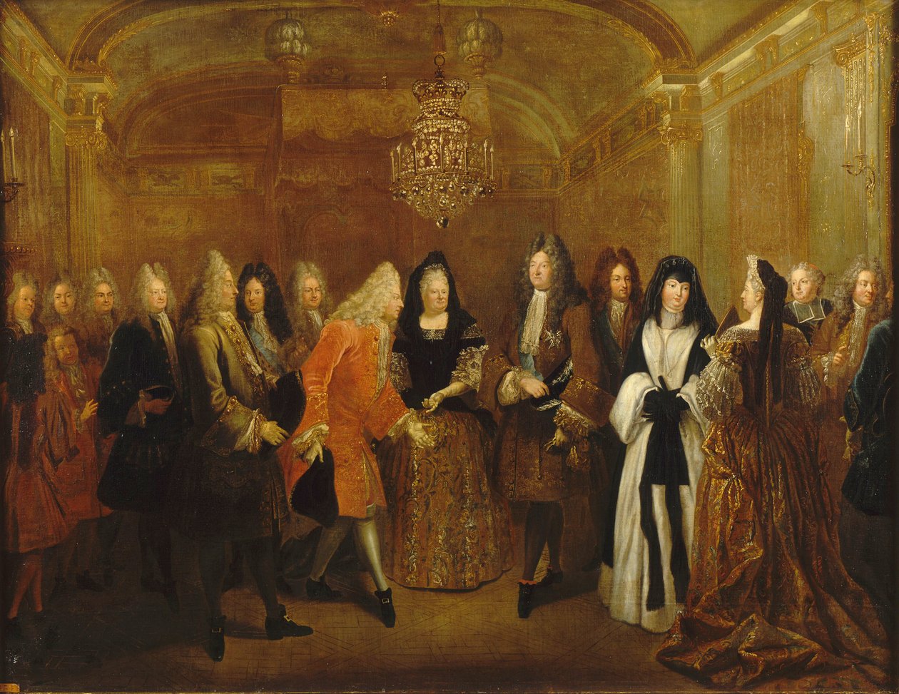 Ludvig XIV vastaanottaa prinssi Augustin, tulevan Puolan kuninkaan ja Saksin vaaliruhtinaskunnan, noin 1714. tekijältä Louis de Silvestre