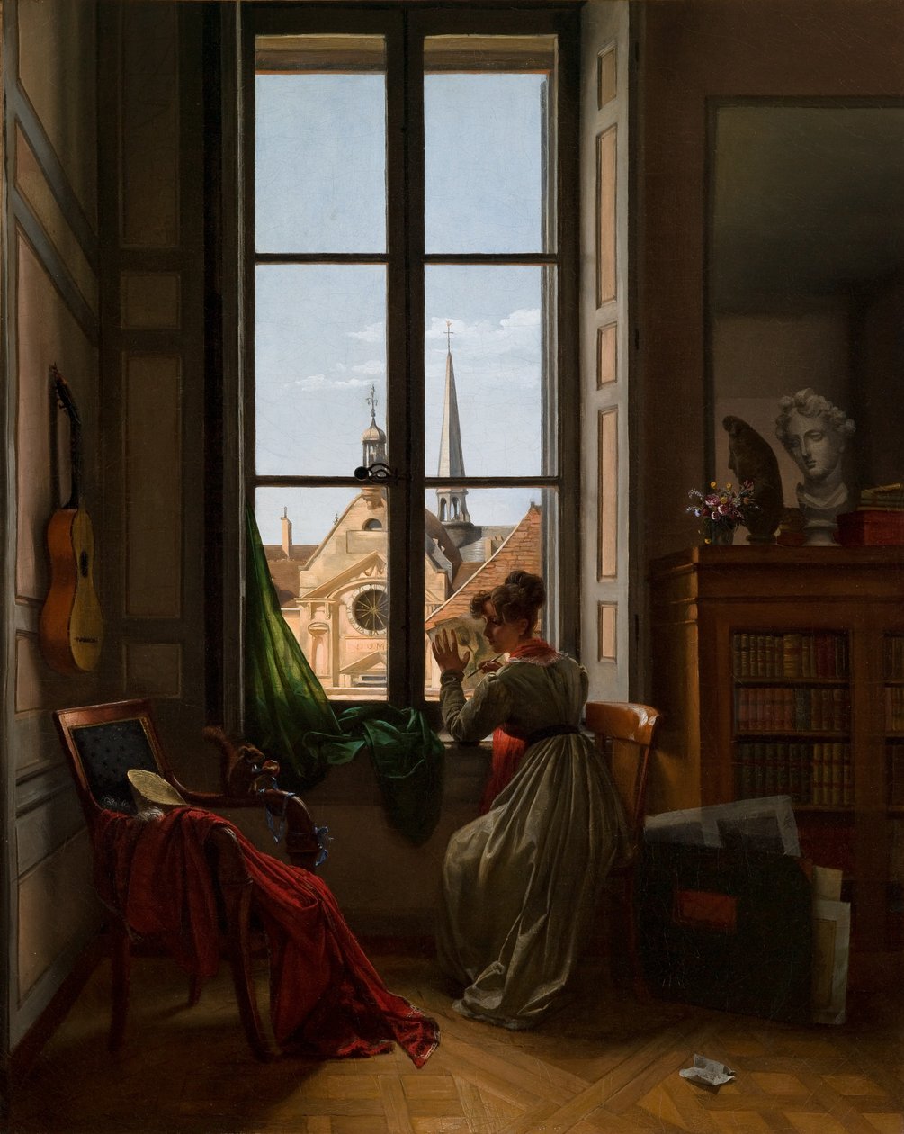 Sisustus, jossa nuori nainen jäljittää kukkaa, noin 1820-22 (öljy kankaalle). tekijältä Louise Adeone Droelling
