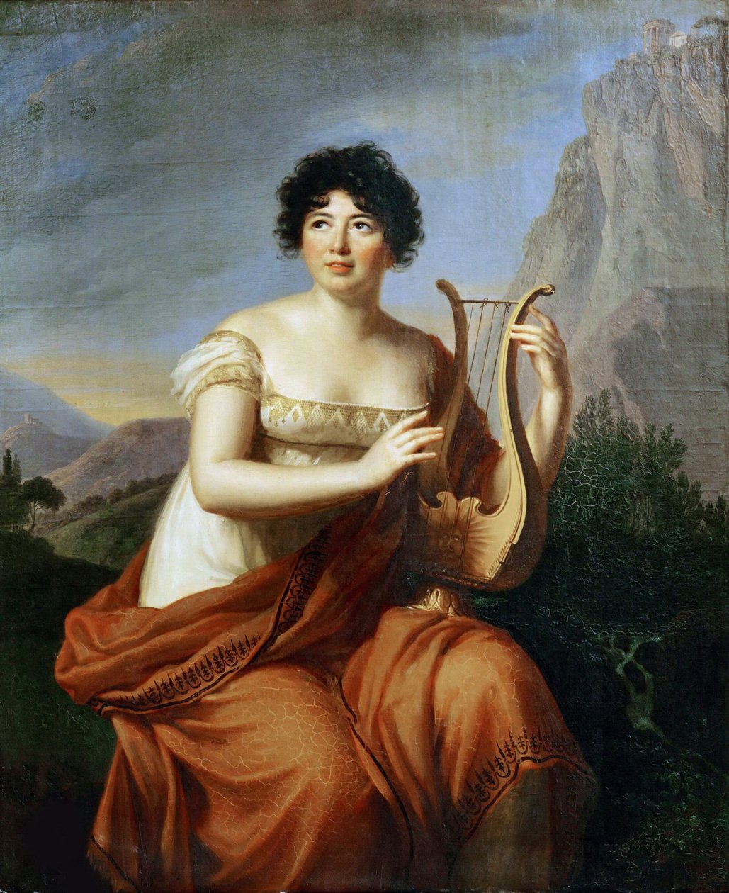 Muotokuva kirjailijasta Baroness Anne Louise Germaine de Staël 1766-1817 Corinne, 1807. tekijältä Elisabeth Louise Vigee Lebrun