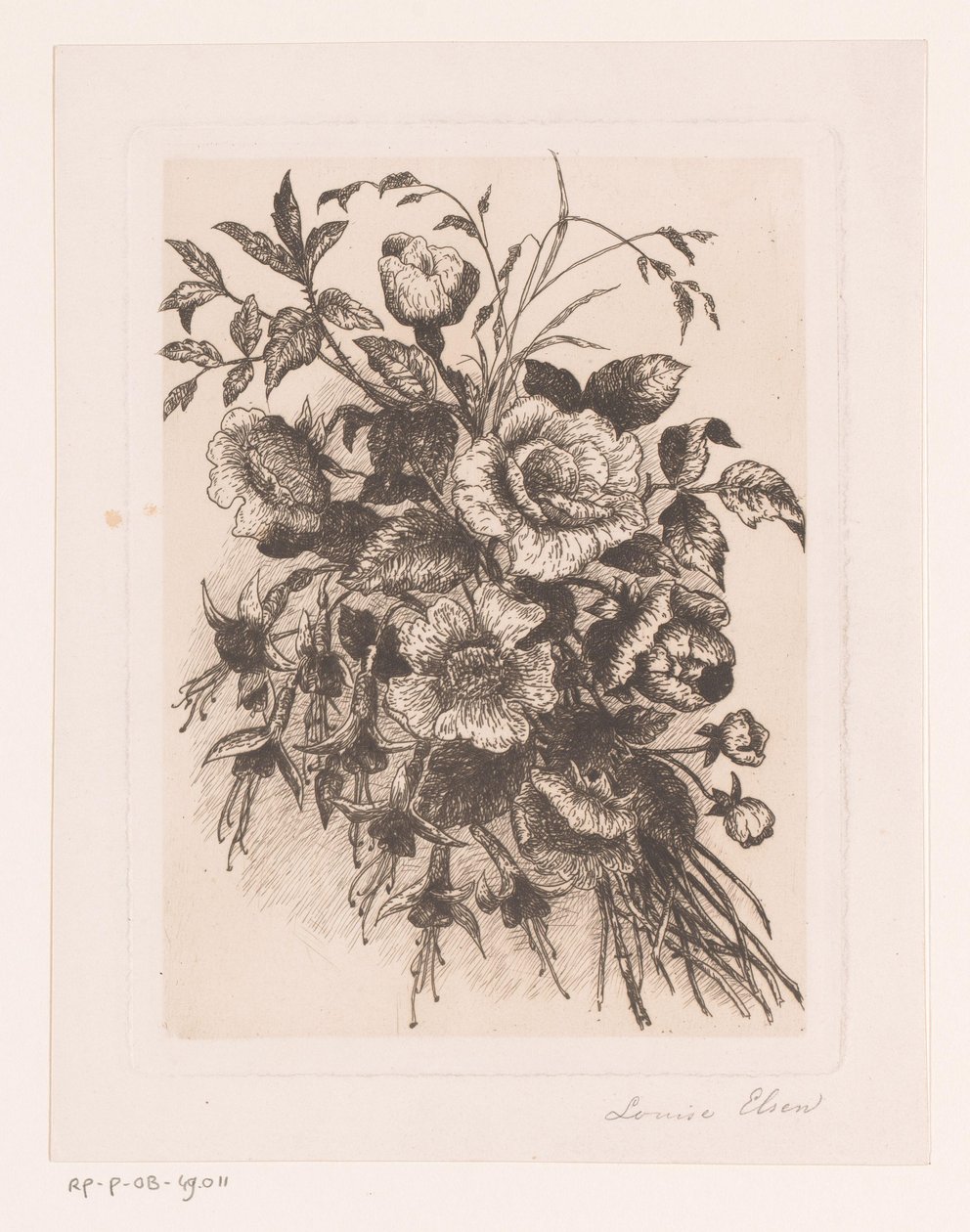 Kukkaasetelma ruusuilla ja vuokoilla tekijältä Louise Elsen (attributed to)