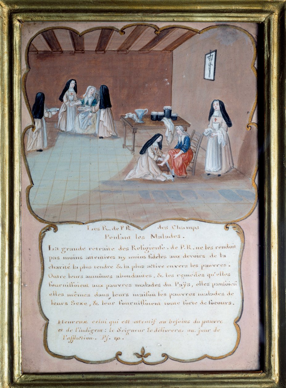 Jansenismi "" Port royal des champsin (Port-Royal-des-Champs) luostarin uskonnollinen, joka hoitaa sairaita"". Anonyymi guassi Louise Madeleine Cochinin (1686-1767) mukaan. Debyytti 1700-luvulla. Port Royal, Musee Des Granges. tekijältä Louise Madelaine (after) Cochin