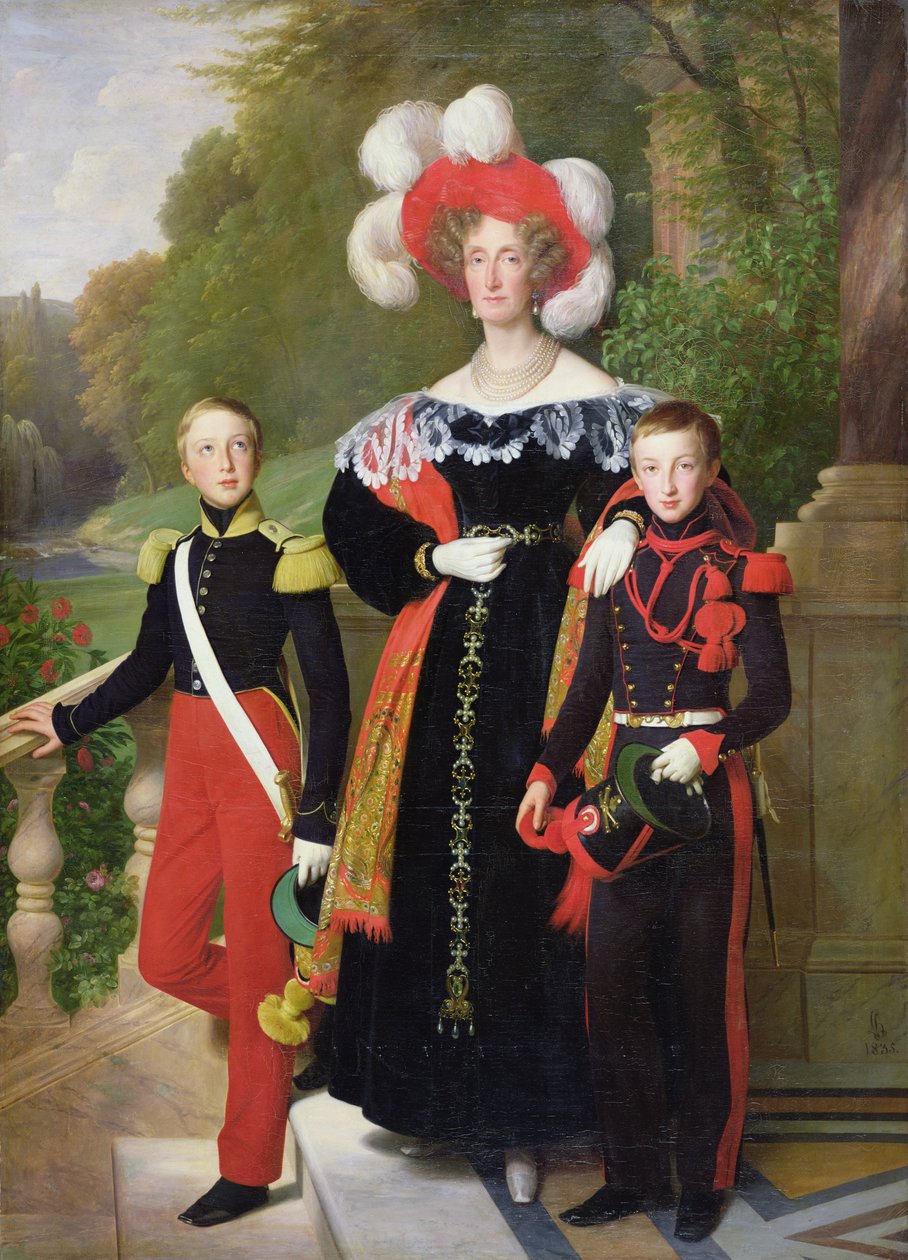 Marie Amelie Bourbon-Sisilialainen (1782-1866) ja hänen poikansa, Henri Orleans (1822-97) Aumalen herttua ja Antoine (1824-90) Montpensierin herttua, 1835 tekijältä Louise Marie Jeanne Hersent