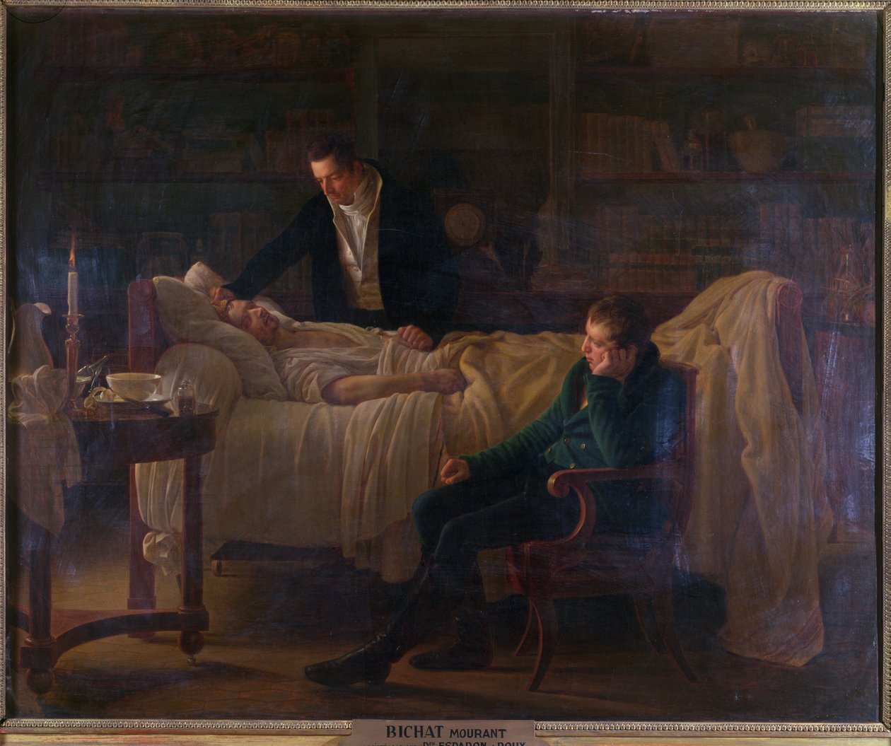 Marie Francois Xavier Bichat (1771-1802) kuolee lääkäreiden Esparon ja Philibert Joseph Roux (1780-1854) ympäröimänä tekijältä Louise Marie Jeanne Hersent