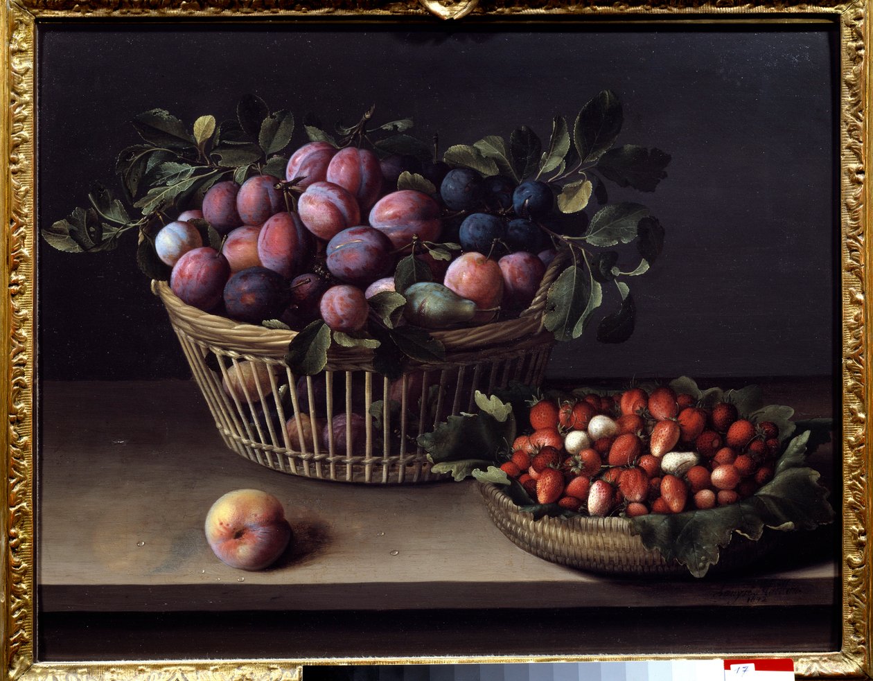 Persikka, mansikoita ja hedelmäkori Louise Moillonin (1610-1696) maalaus 1600-luvulta Toulouse, Musee des Augustins tekijältä Louise Moillon