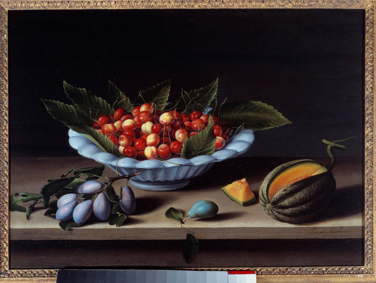 Kuppi kirsikoita, luumuja ja melonia Louise Moillonin (1610-1696) maalaus 1633 Su. 0,48x0,65 m tekijältä Louise Moillon