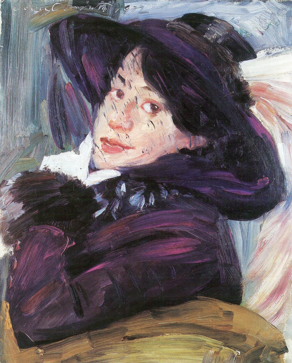 Damen Portrat mit lila Hunt tekijältä Lovis Corinth