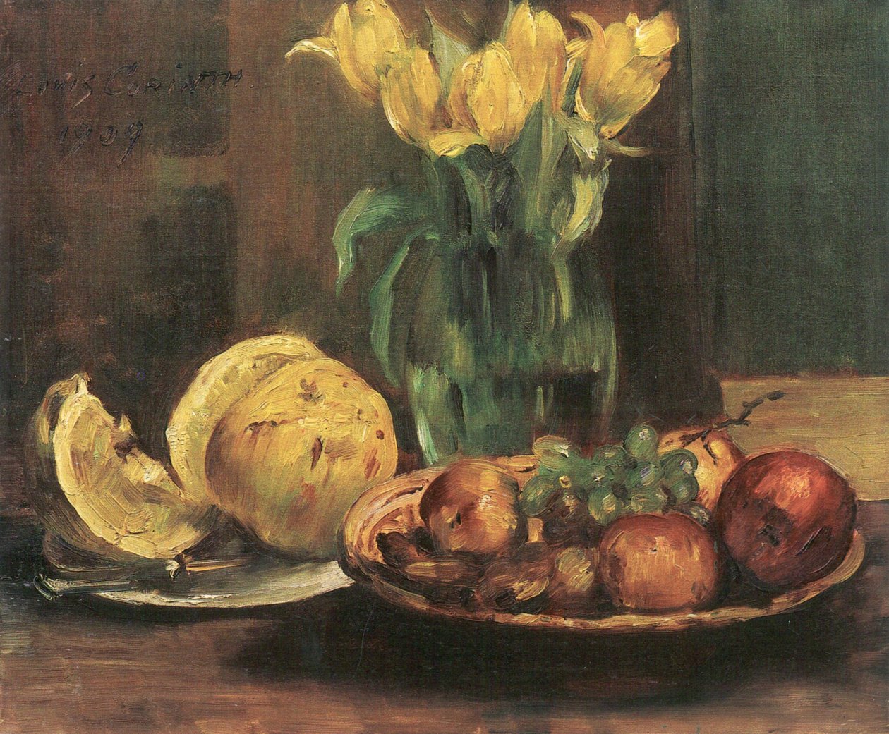 Stillleben mit gelben Tulpen, Äpfeln und Greipfruit tekijältä Lovis Corinth