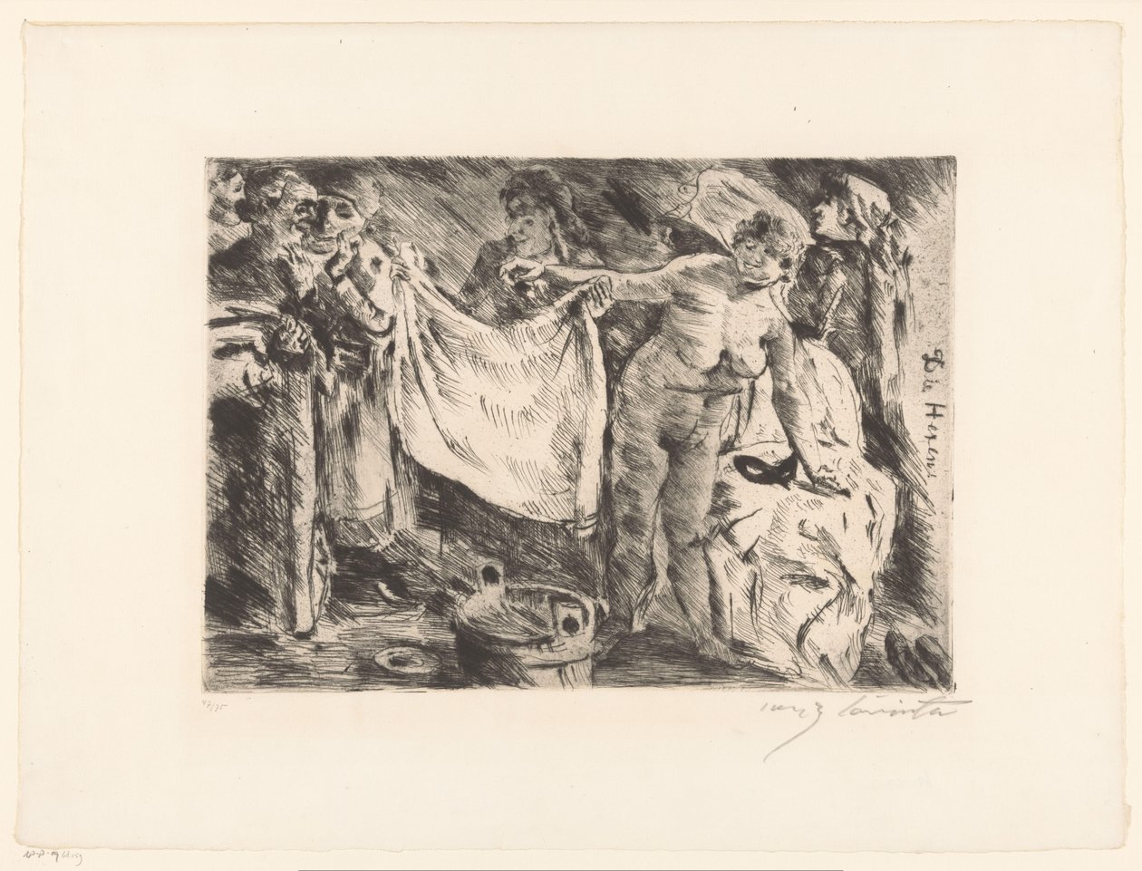 Ryhmä naisia, yksi alasti ja toinen pitelee kangasta Die Hexen (otsikko esineessä) tekijältä Lovis Corinth (signed by artist)