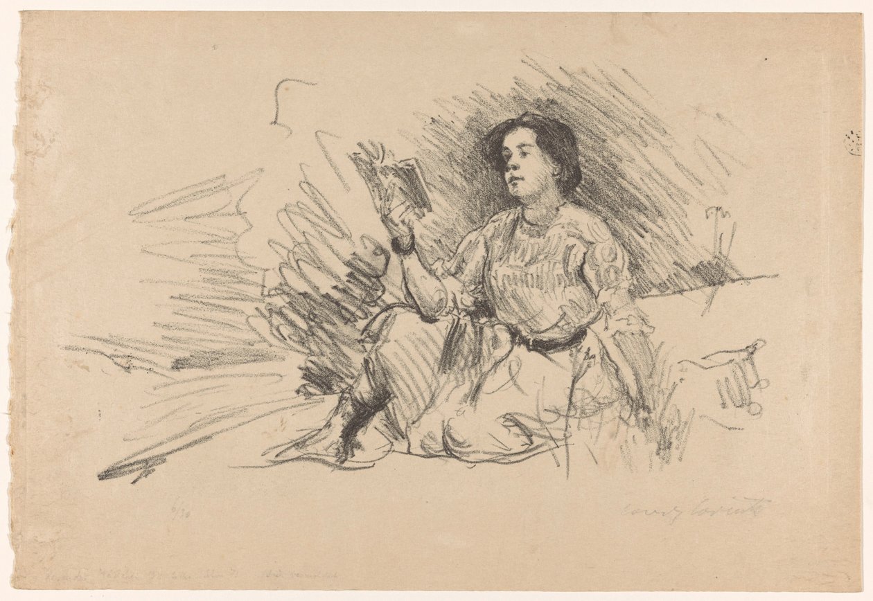 Tyttö lukee, istuu lattialla Lesendes Mädchen tekijältä Lovis Corinth (signed by artist)