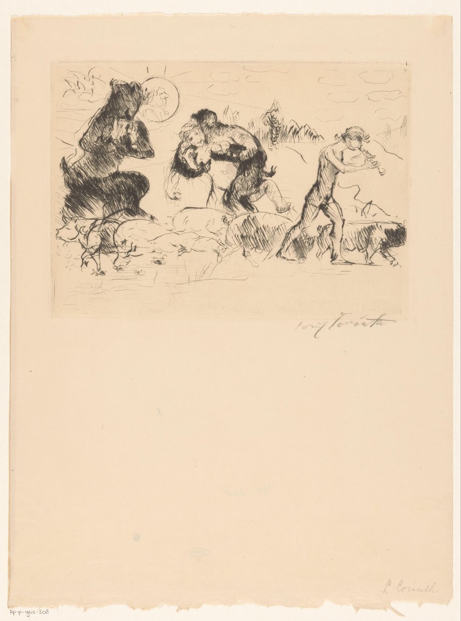 Satyyrit, nymfi, faun ja sikaparvi tekijältä Lovis Corinth (signed by artist)