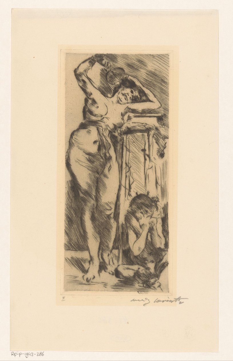 Nainen alaston viuhka kädessään ja kyykistynyt hahmo hänen oikealla puolellaan tekijältä Lovis Corinth (signed by artist)