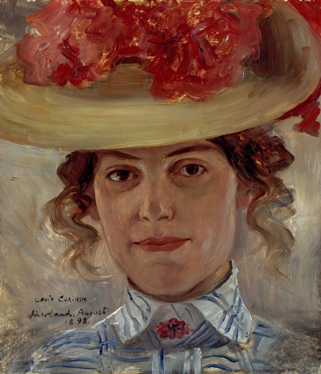 Rouva Halbe olkihattu päässä tekijältä Lovis Corinth