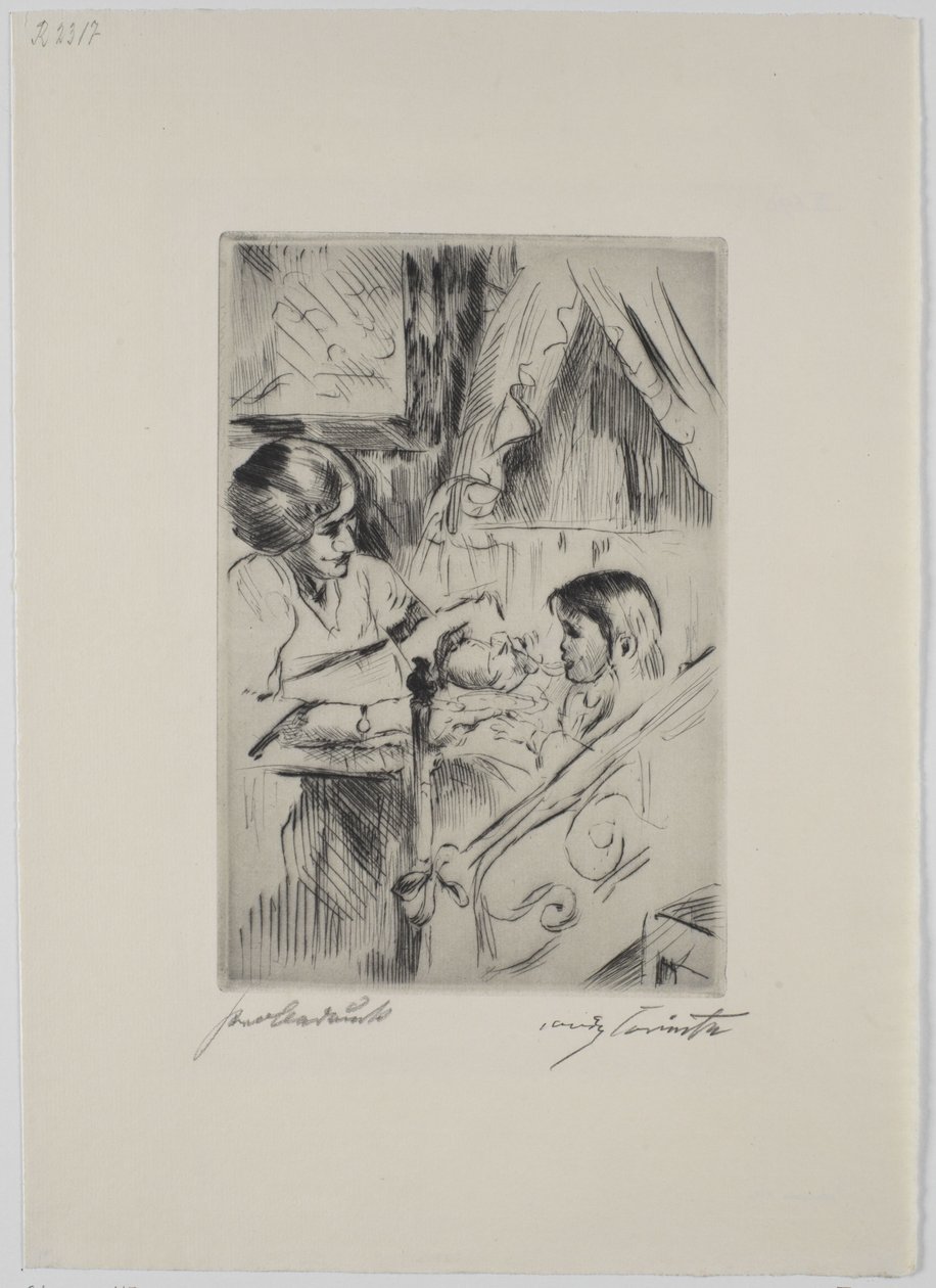 Lapsi sängyssä ja äiti tekijältä Lovis Corinth