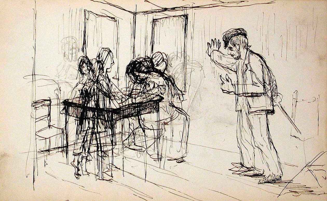 Hirsimökki (etupuoli), hahmoja sisätilassa (kääntöpuoli) tekijältä Lovis Corinth