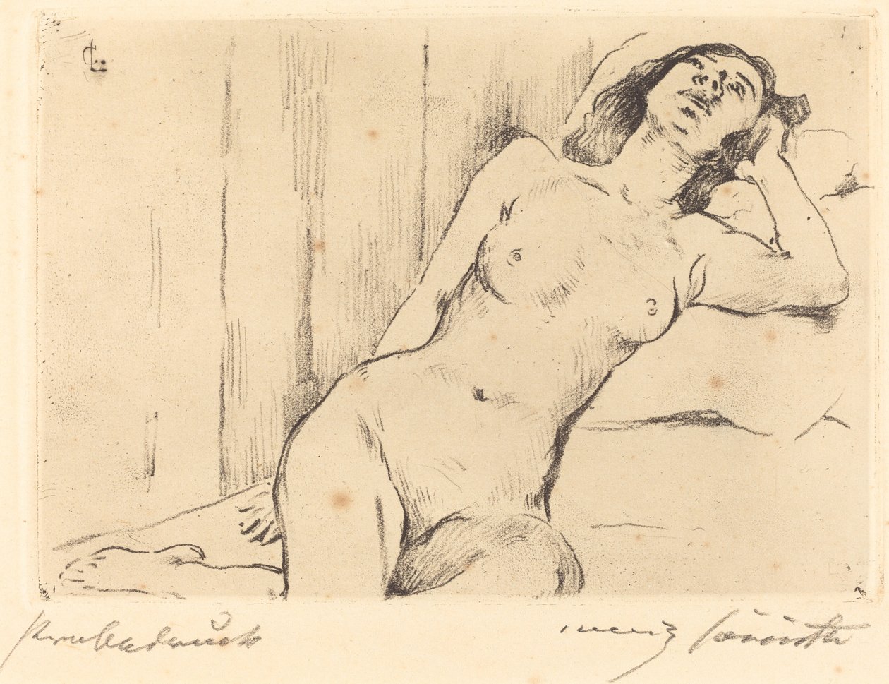 Lepo kolme neljäsosaa alaston (makaava nainen alaston) tekijältä Lovis Corinth