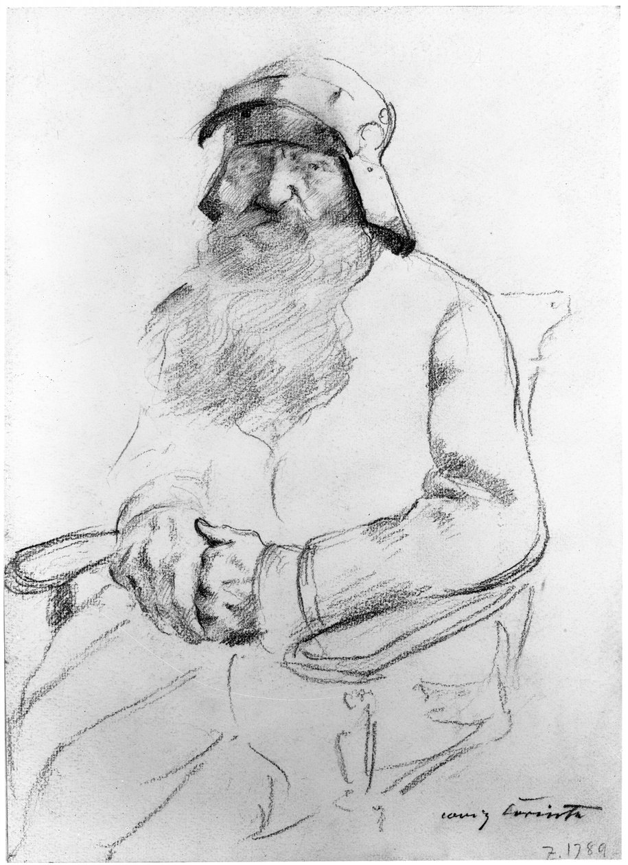 Istuva parrakas vanha mies, jolla on 1500-luvun kypärä, edestä nähtynä (tutkielma Götz von Berlichingeniä varten) tekijältä Lovis Corinth
