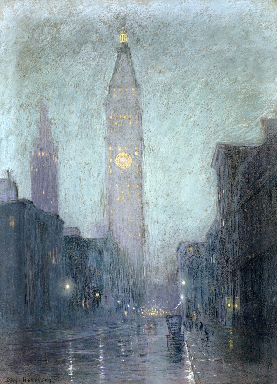Madison Avenue at Twilight (pastelli ruskealle paperille) tekijältä Lowell Birge Harrison