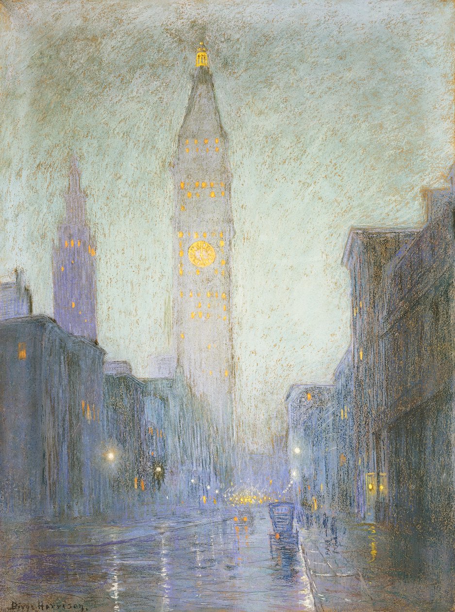 Madison Avenue at Twilight, n. 1911 (pastelli ruskealle paperille) tekijältä Lowell Birge Harrison