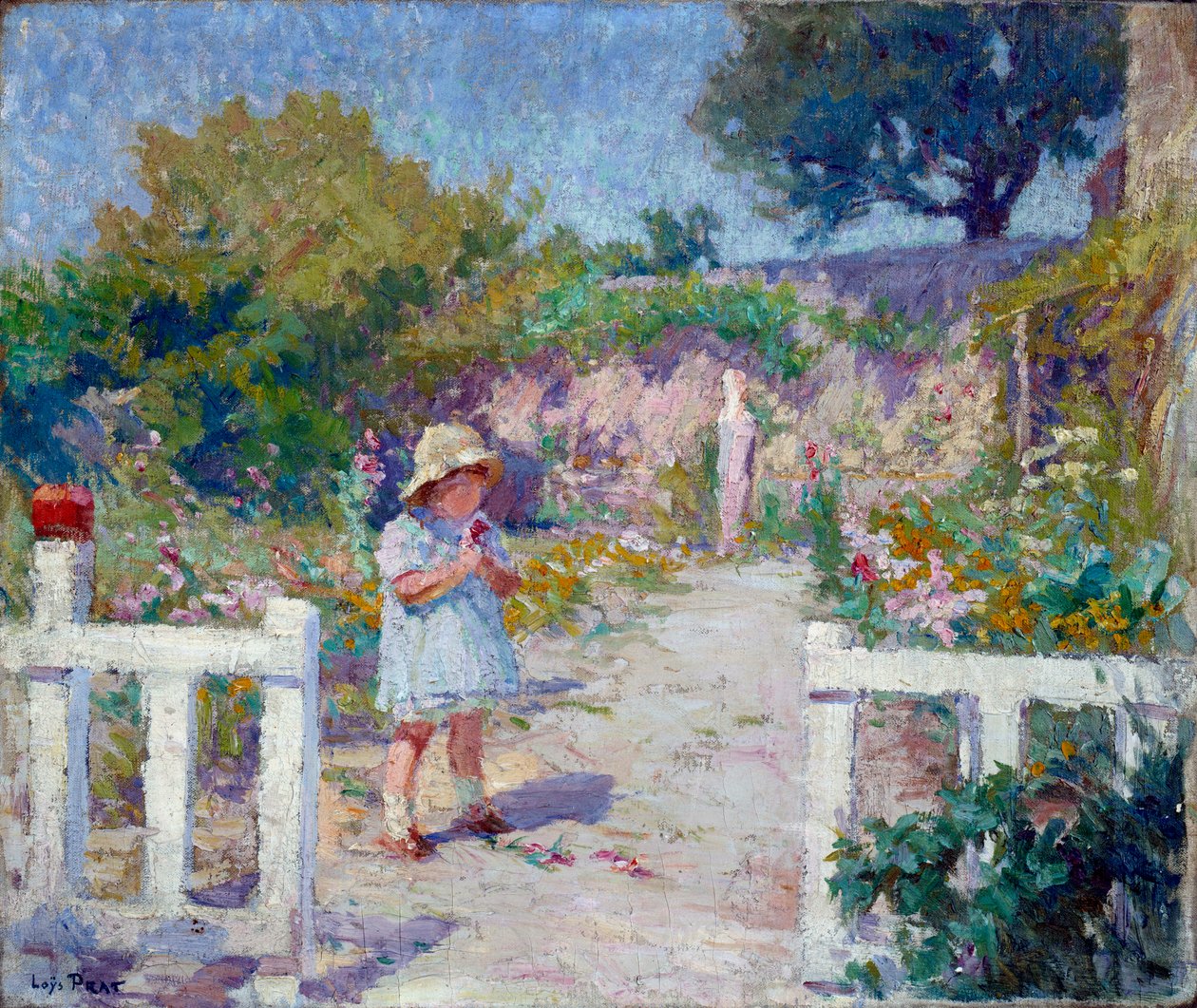 Pieni tyttö puutarhassa Joseph Loys Pratin (1879-1934) maalaus, 1900-luku. tekijältä Loys Prat