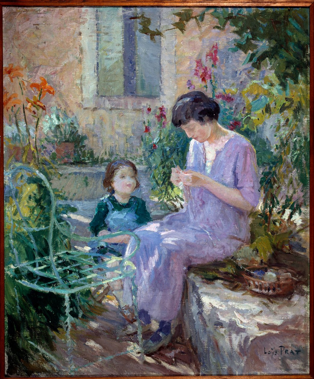 Madame Prat ja hänen tyttärensä puutarhassa Joseph Loys Pratin (1879-1934) maalaus, 1900-luku. Donzeren pormestari. tekijältä Loys Prat