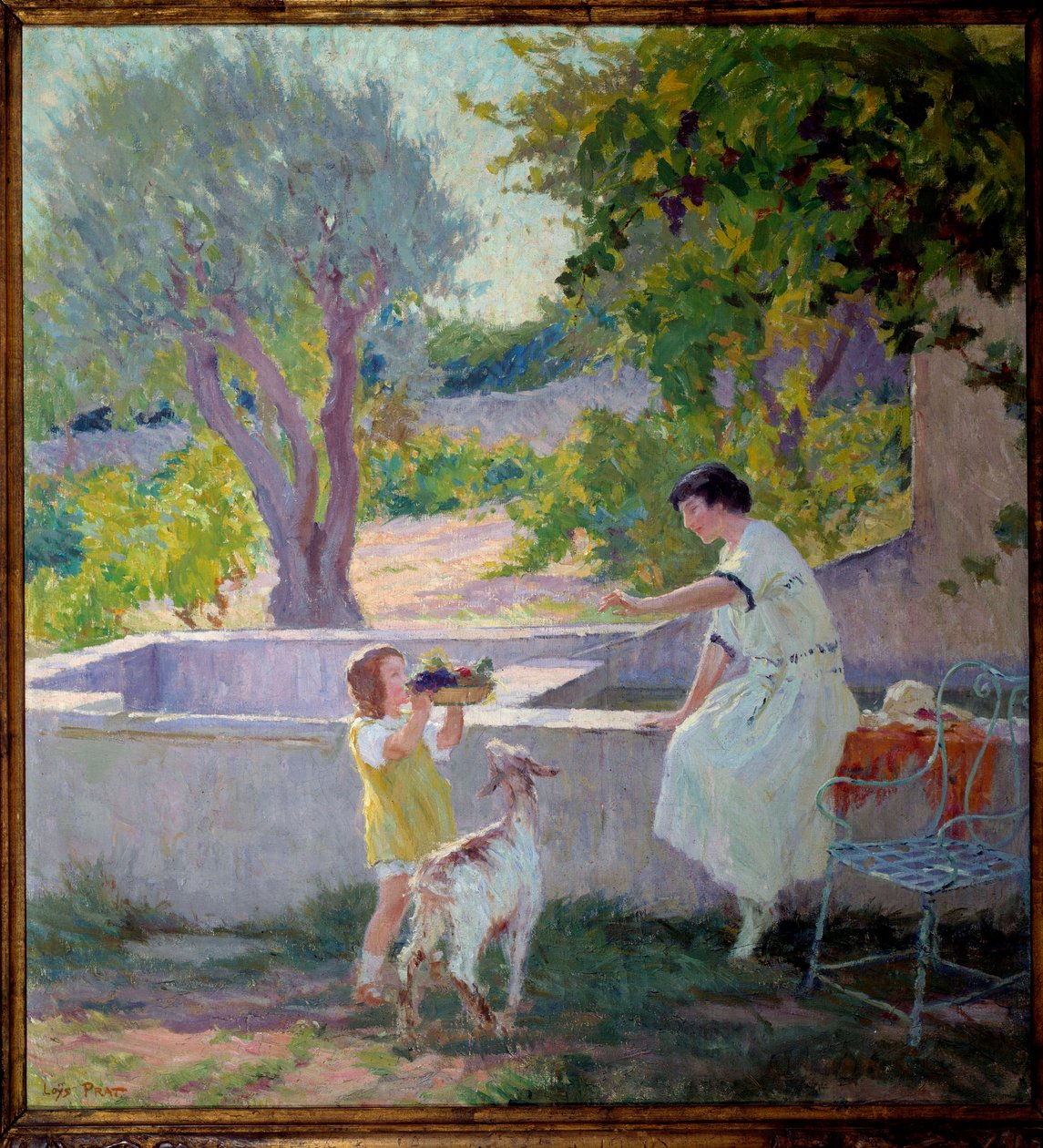 Madame Prat ja hänen tyttärensä puutarhassa pienen vuohen kanssa Joseph Loys Pratin (1879-1934) maalaus, 1900-luku. Donzeren pormestari. tekijältä Loys Prat
