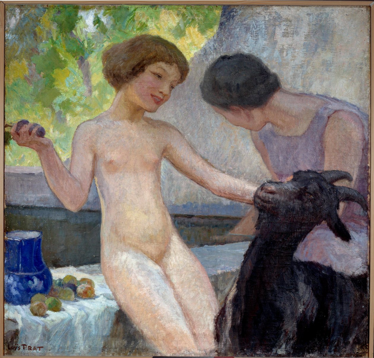 Alaston tyttö leikkimässä vuohen kanssa Joseph Loys Pratin (1879-1934) maalaus, 1900-luku. Öljy kankaalle. Donzere, kaupungintalo. tekijältä Loys Prat